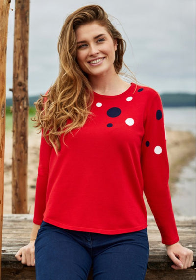Red Jumper with Navy and White Polka Dots