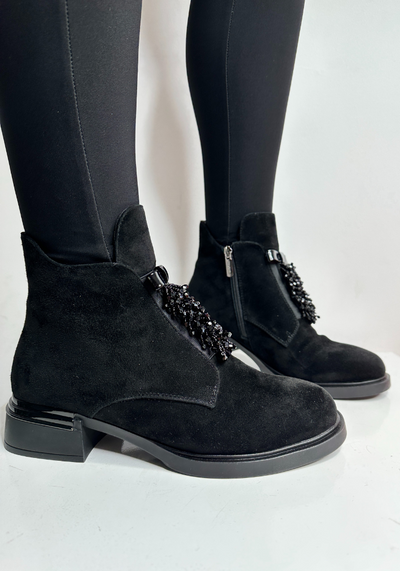 Black Suede Low Heeled Boot with Front Bead Detailing and Side Zip