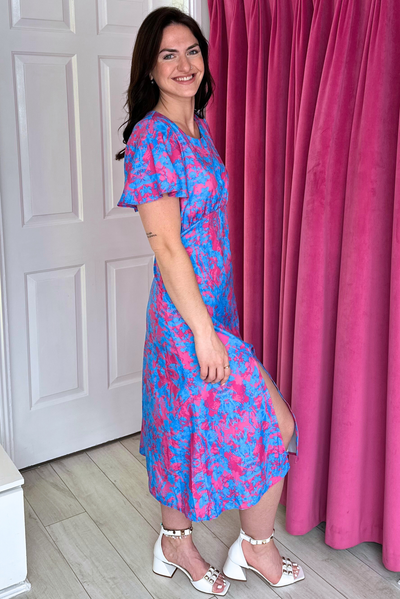 Pink and Blue Abstract Print Dress with Front Slit and Frill Sleeve