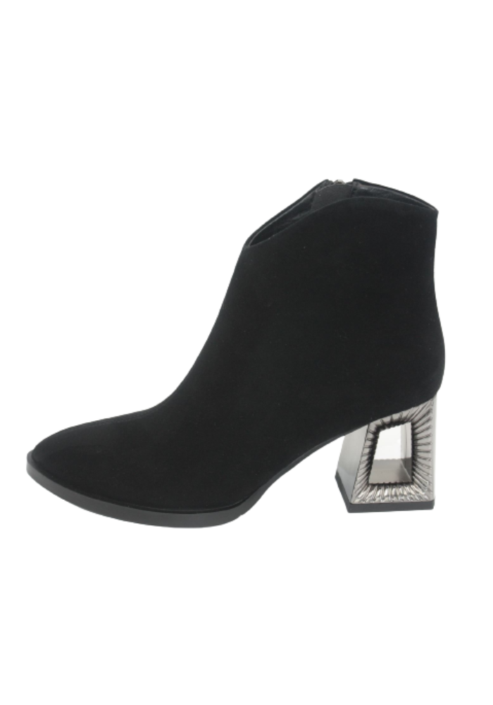 Black Suede Boot with Detailed Block Heel and Side Zip