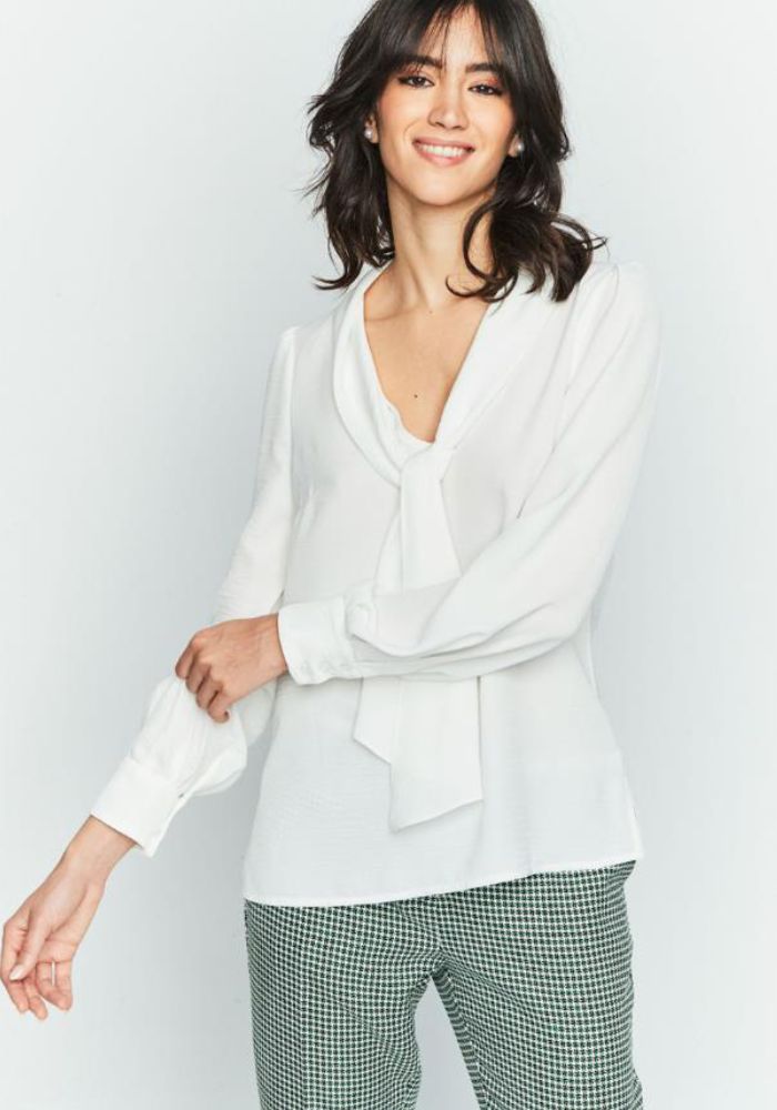 Off-White V-Neck Top with Cuffed Sleeves & Tie Detail