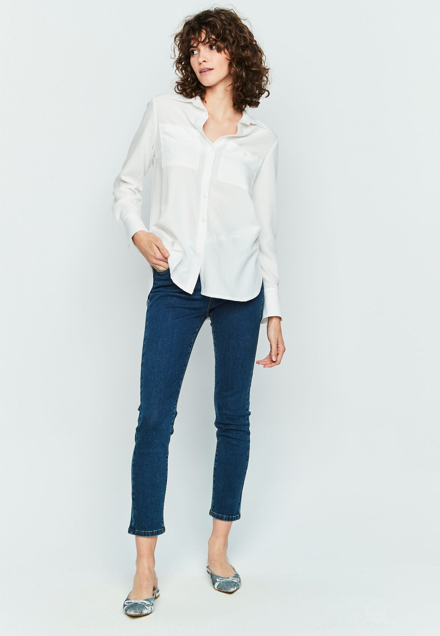 White Collared Shirt with Pocket Detail