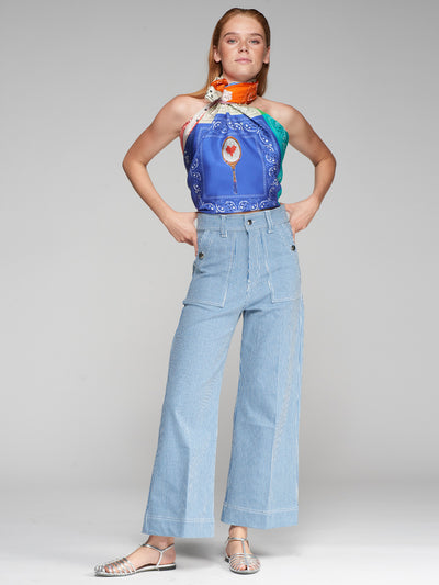 Blue Pin Stripe Jeans with Star Button Detail