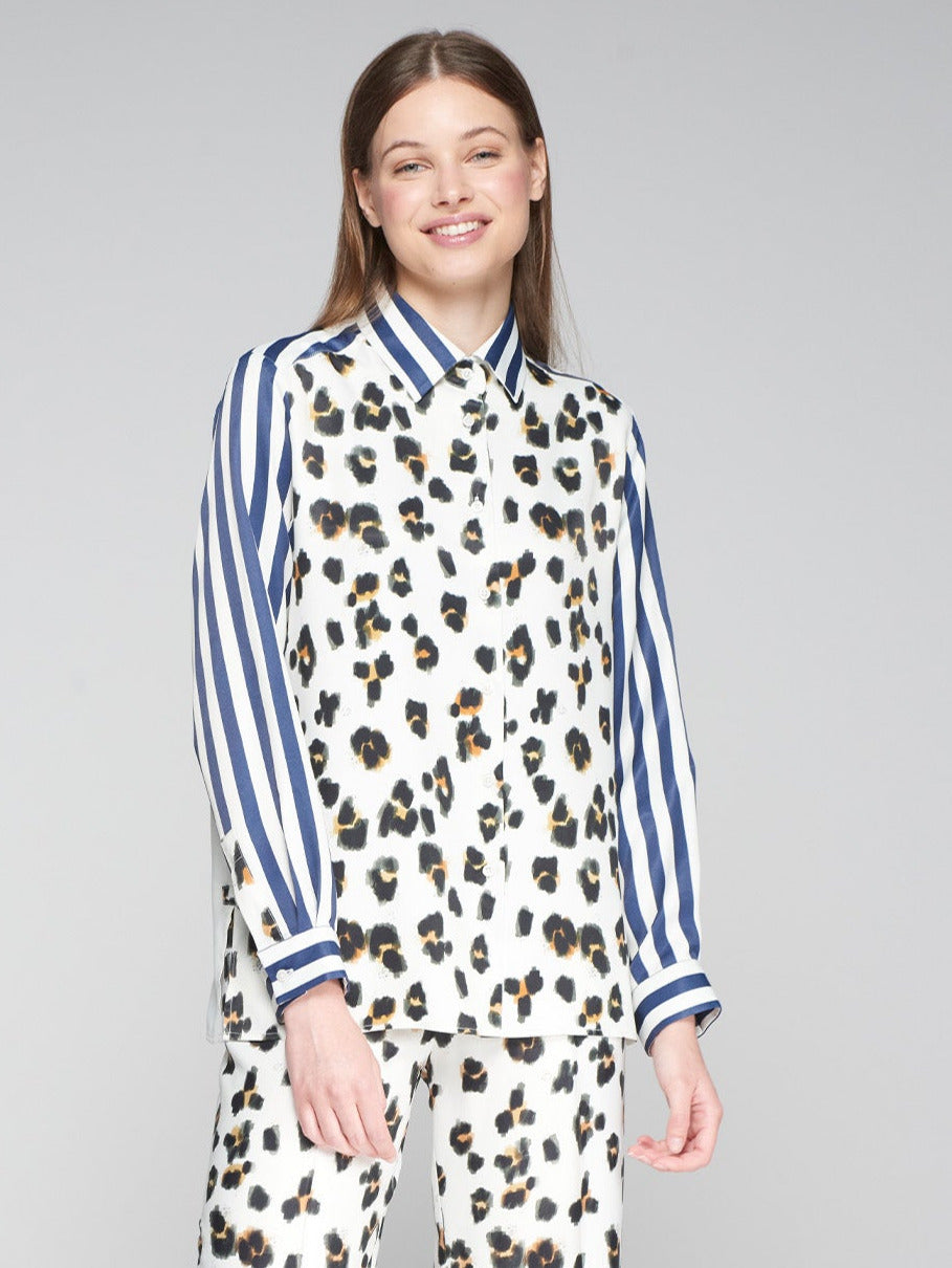 Leopard Print Shirt with Floral and Striped Design