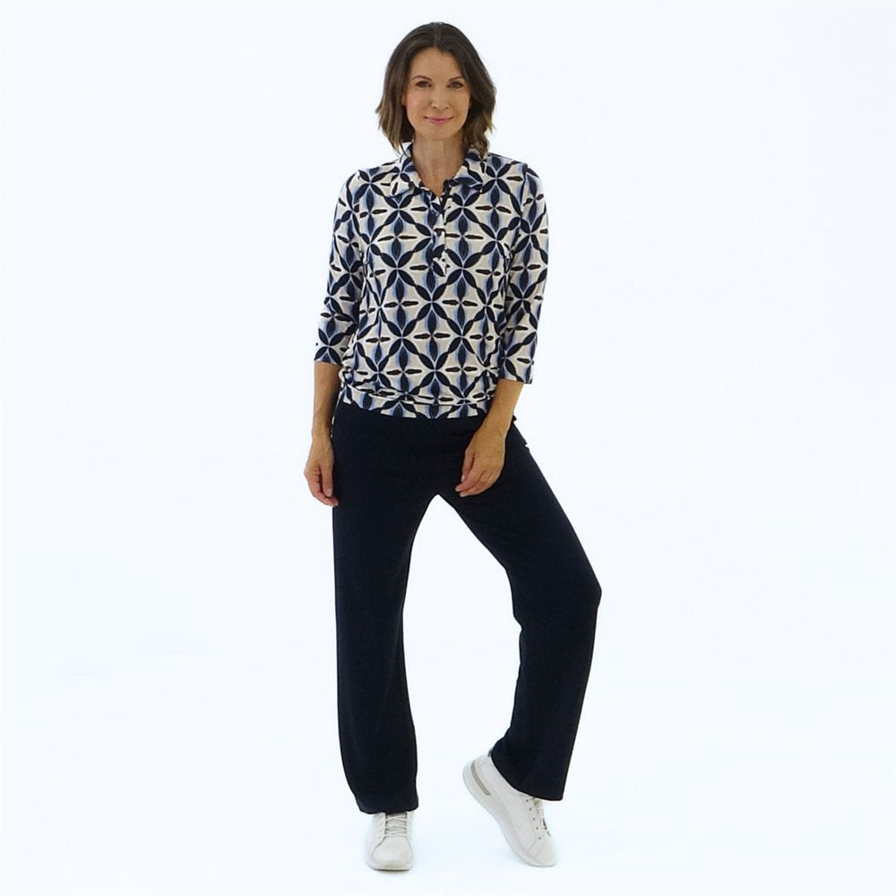 Sand and Navy Floral Print Shirt Style Top