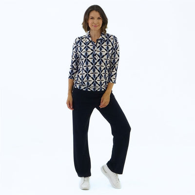 Sand and Navy Floral Print Shirt Style Top