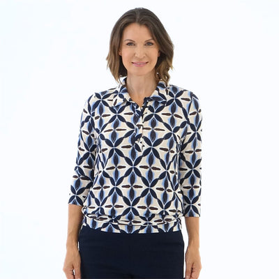 Sand and Navy Floral Print Shirt Style Top