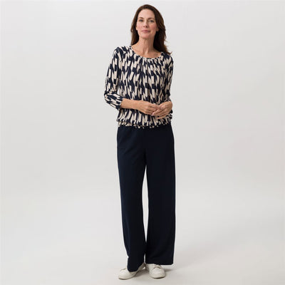 Navy and Sand Round Neck Top with Pleated Detail