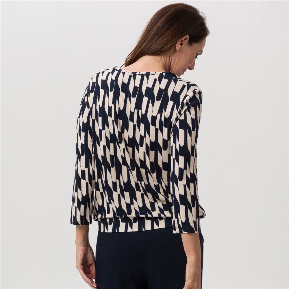 Navy and Sand Round Neck Top with Pleated Detail