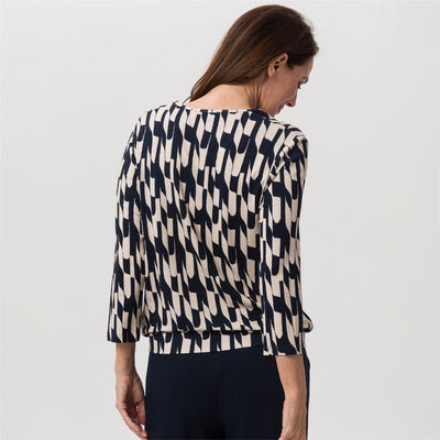 Navy and Sand Round Neck Top with Pleated Detail