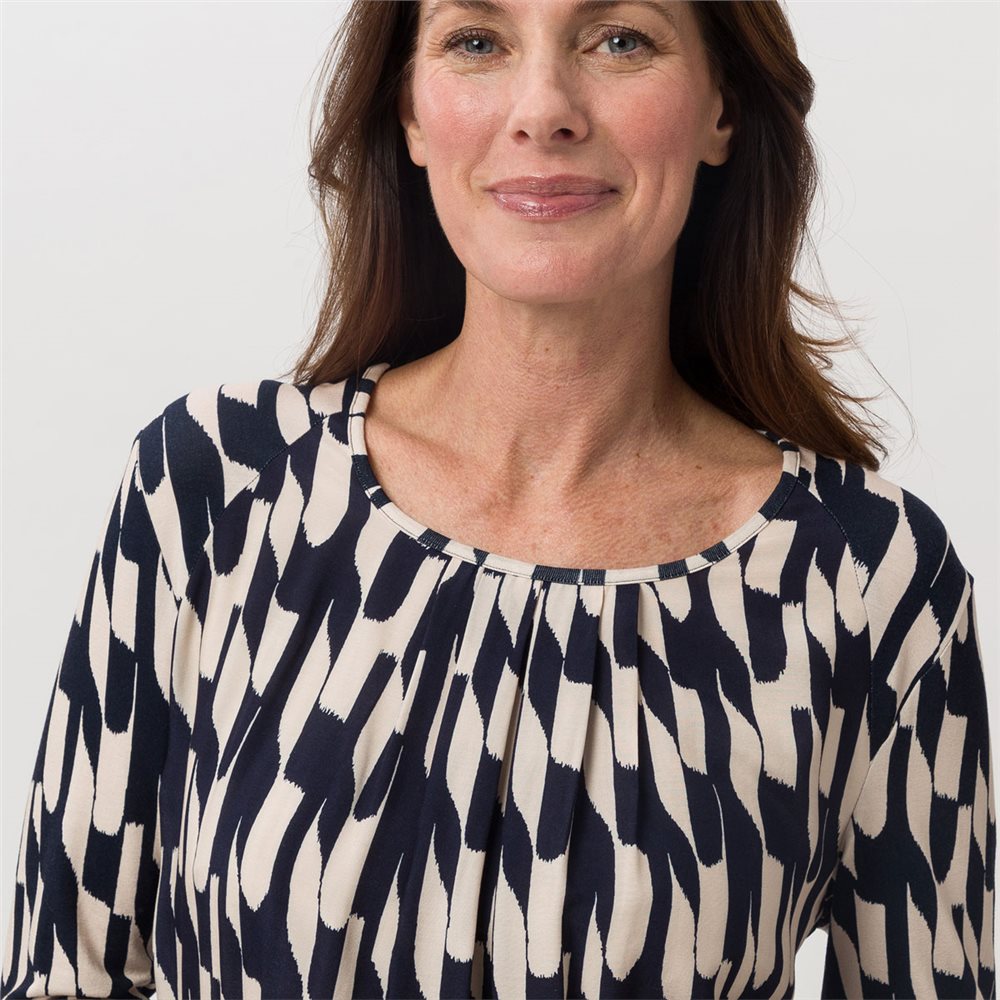 Navy and Sand Round Neck Top with Pleated Detail