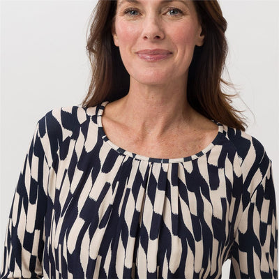 Navy and Sand Round Neck Top with Pleated Detail