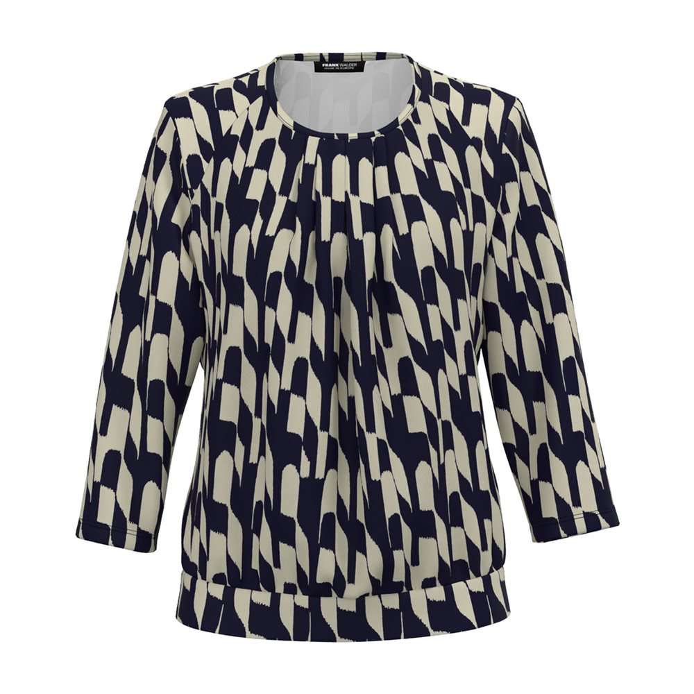 Navy and Sand Round Neck Top with Pleated Detail