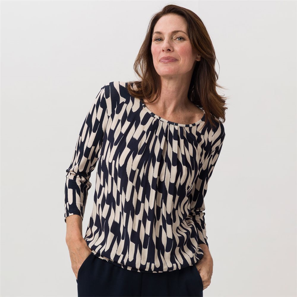 Navy and Sand Round Neck Top with Pleated Detail