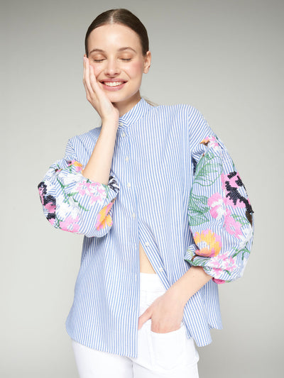 Blue Pinstripe Shirt with Sequin Sleeve Detail