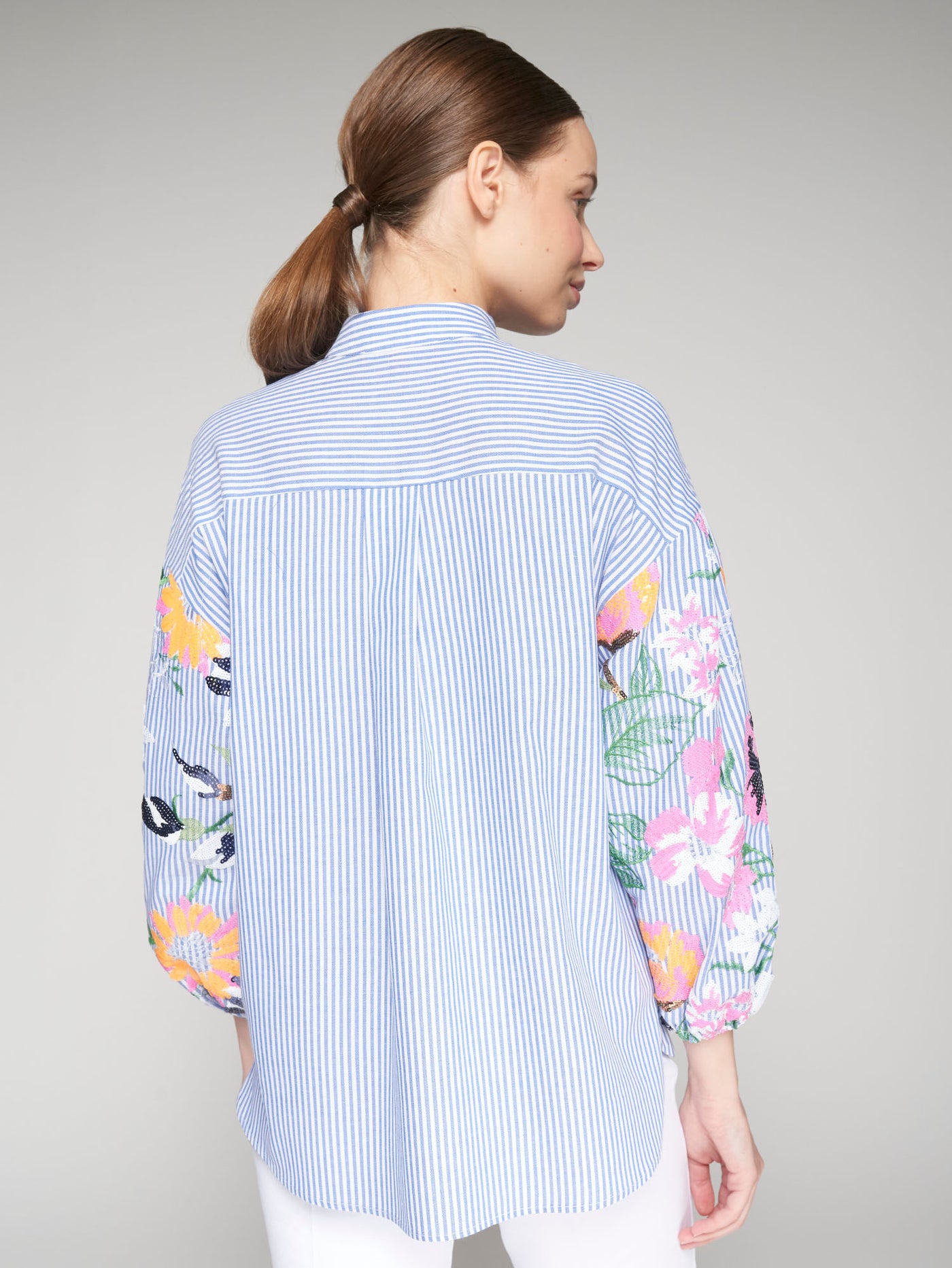 Blue Pinstripe Shirt with Sequin Sleeve Detail