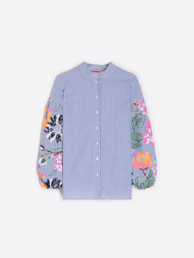 Blue Pinstripe Shirt with Sequin Sleeve Detail