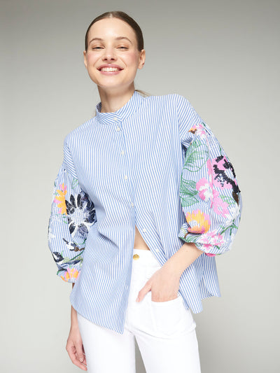 Blue Pinstripe Shirt with Sequin Sleeve Detail