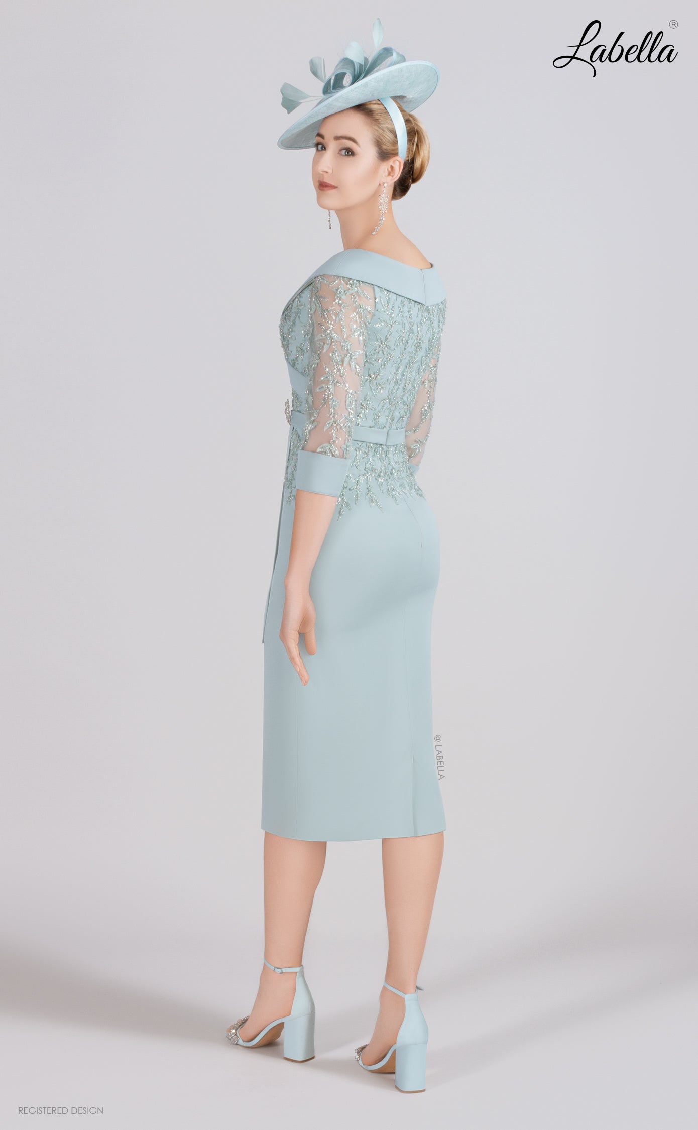 Duckegg Dress with Sheer Sleeve and Floral Beading Detail