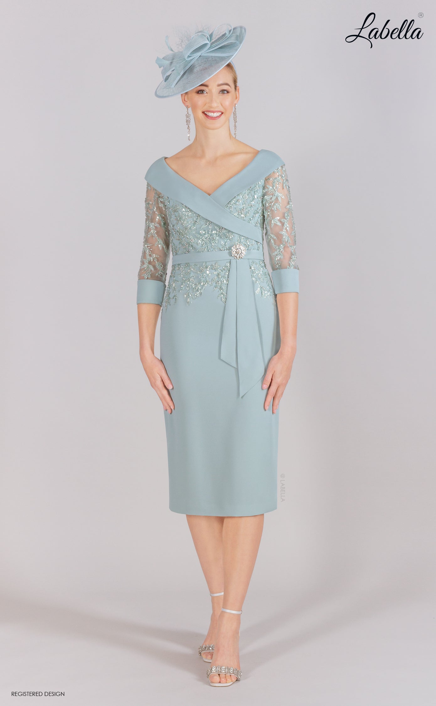 Duckegg Dress with Sheer Sleeve and Floral Beading Detail