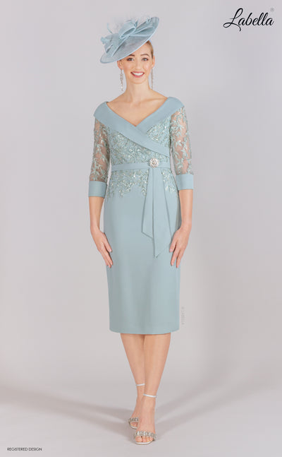 Duckegg Dress with Sheer Sleeve and Floral Beading Detail