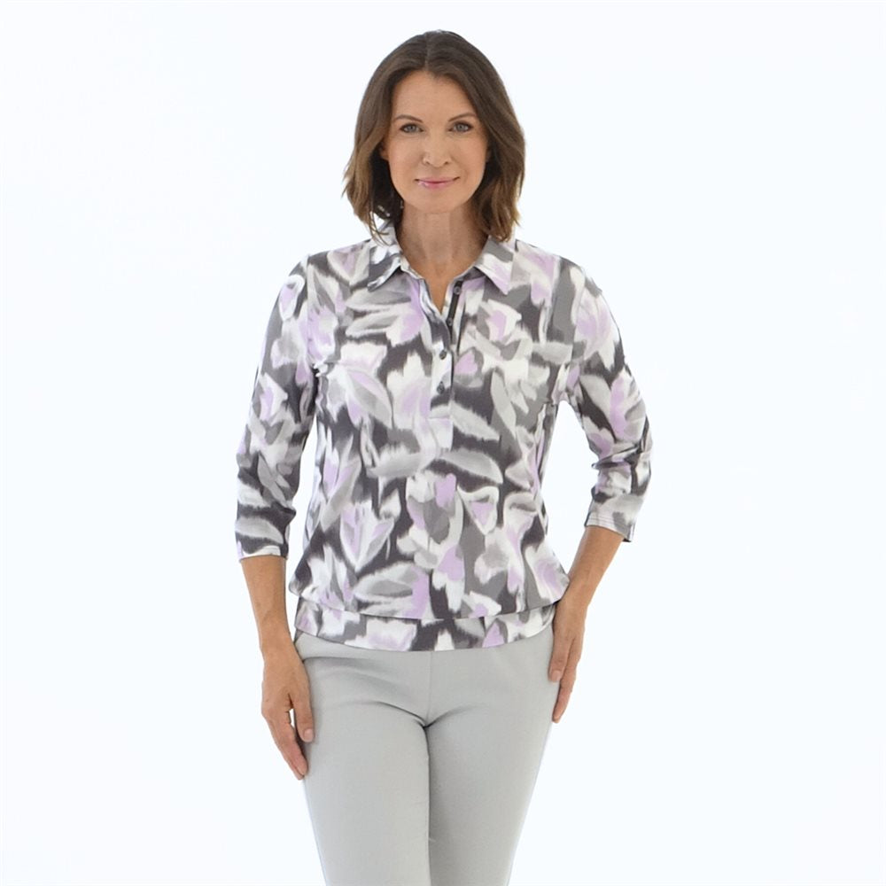 Lilac/Grey Top With Buttons and Grandfather Collar
