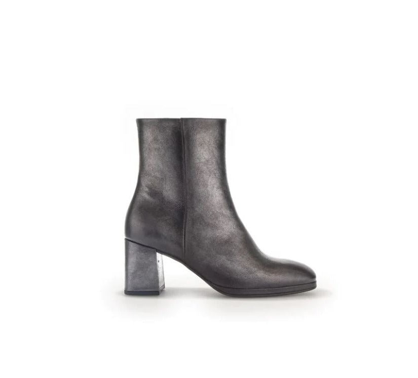 Metallic Grey Ankle Boot with Block Heel and Side Zip