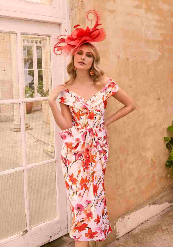 Orange and Ivory Floral Dress With Sweetheart Neckline and Bow Detail