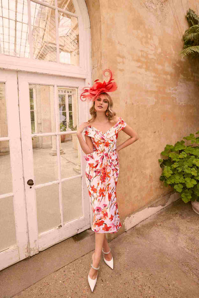 Orange and Ivory Floral Dress With Sweetheart Neckline and Bow Detail