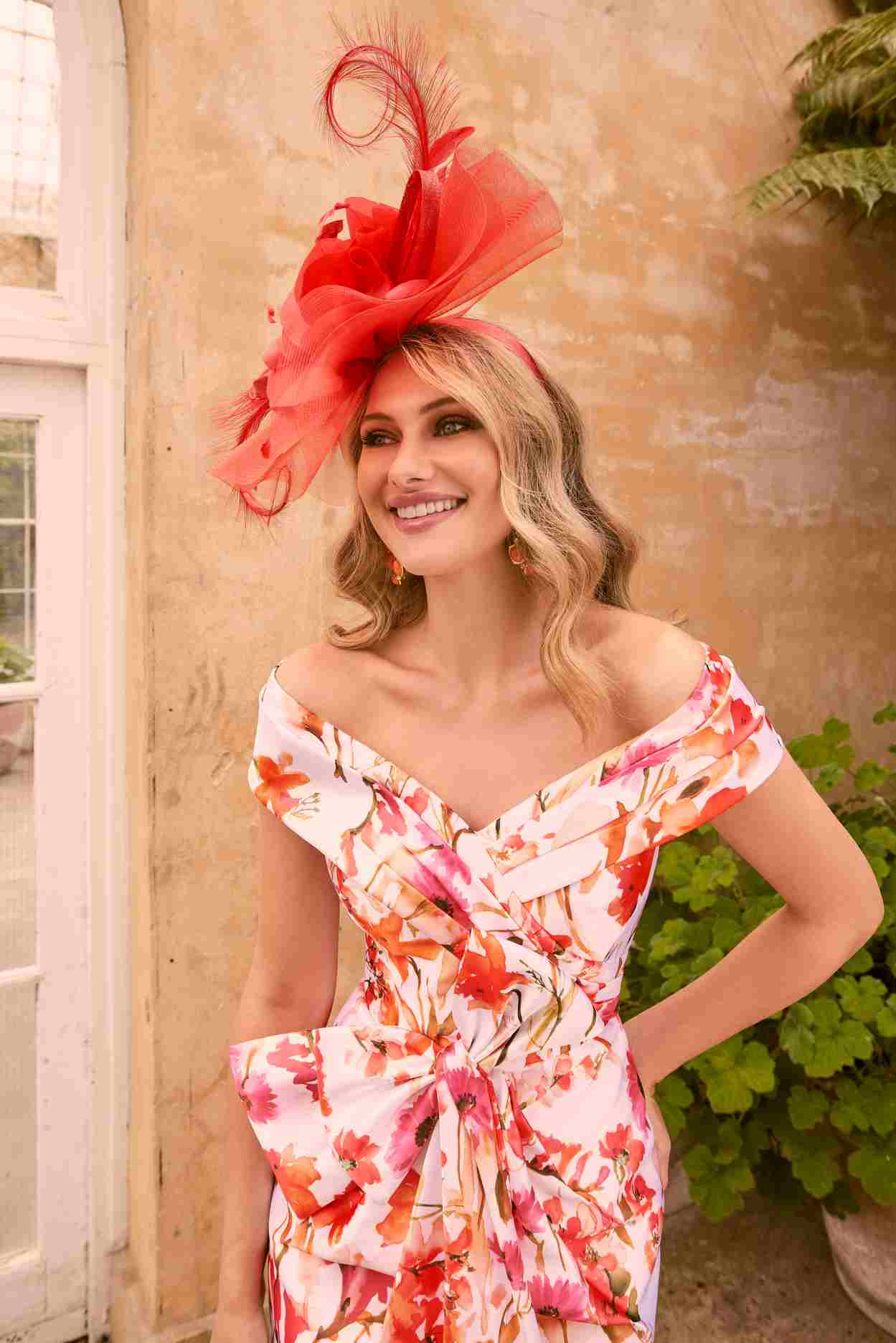 Orange and Ivory Floral Dress With Sweetheart Neckline and Bow Detail
