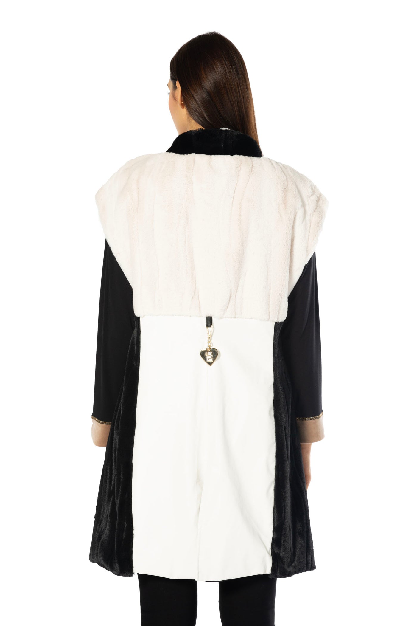 Black and White Faux Fur and Faux Leather Long Sleeveless Jacket