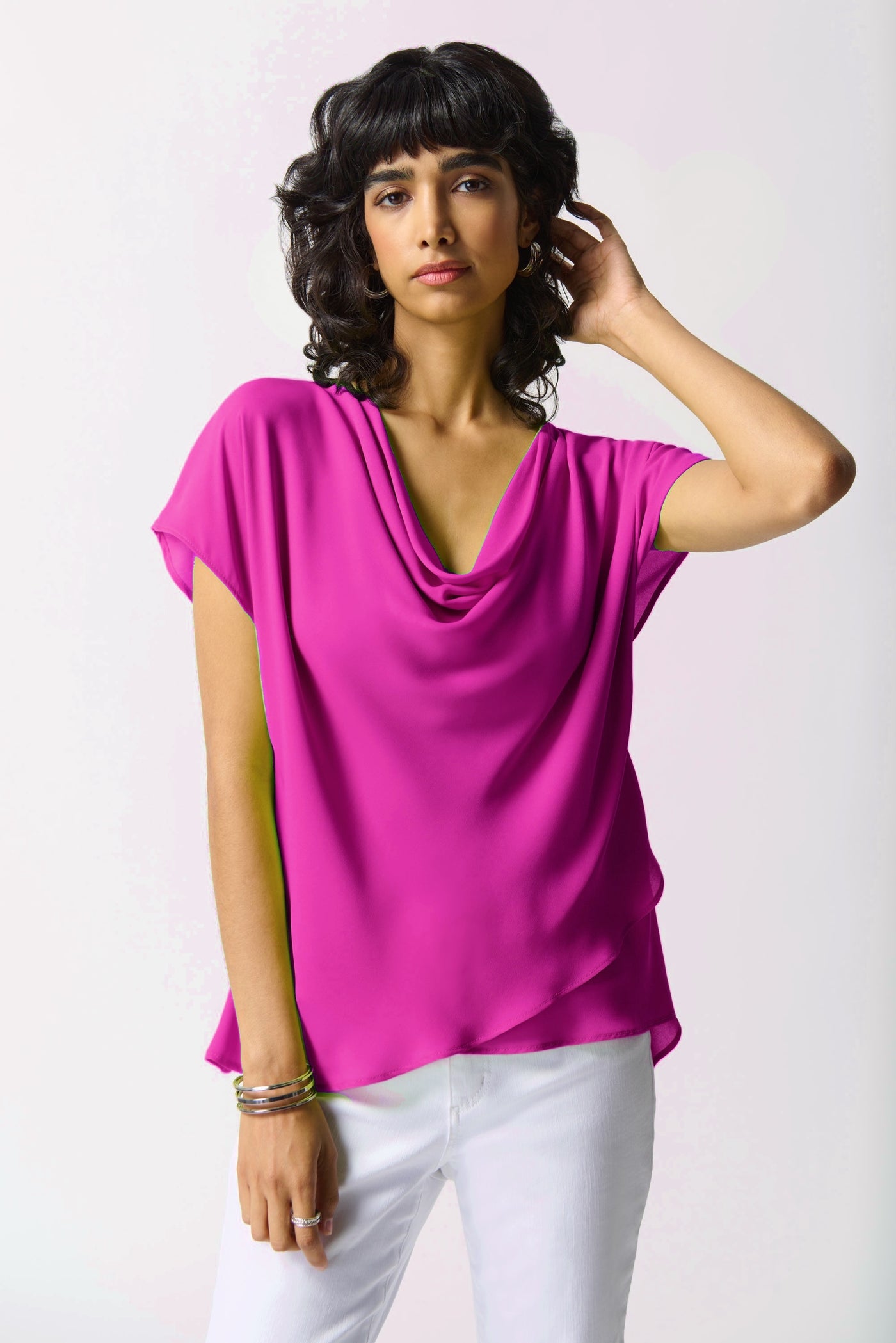 Joseph Ribkoff Ultra Pink Flared Layered Top With Cowl Neck