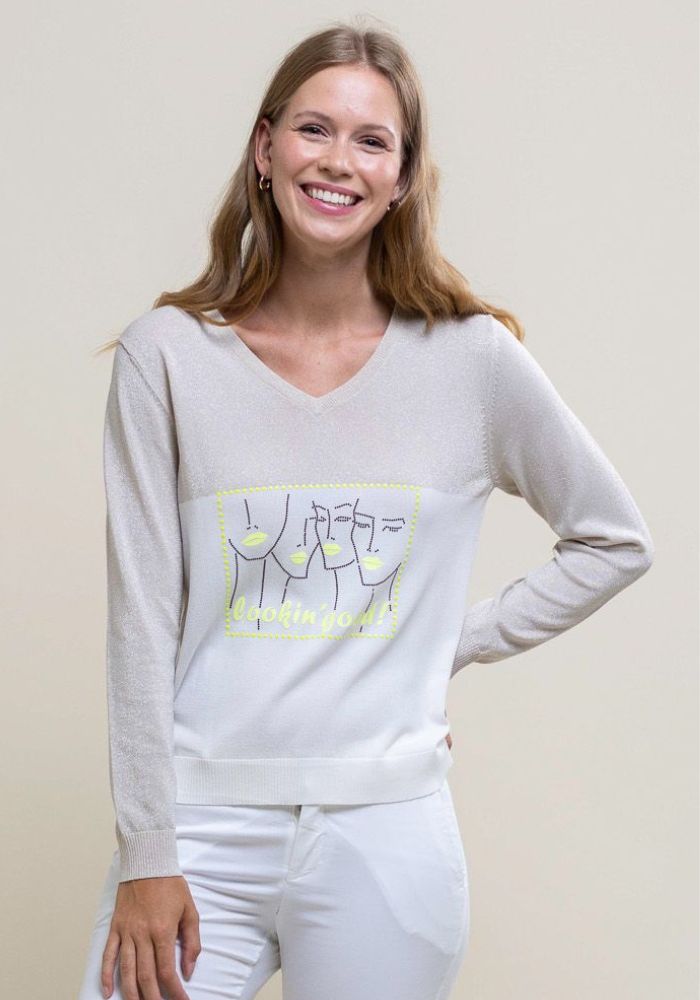 'Looking Good' Face Print Jumper With Gold Shimmer Detail