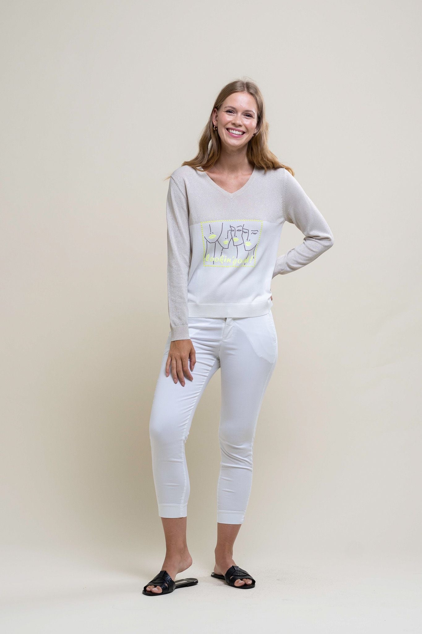 'Looking Good' Face Print Jumper With Gold Shimmer Detail