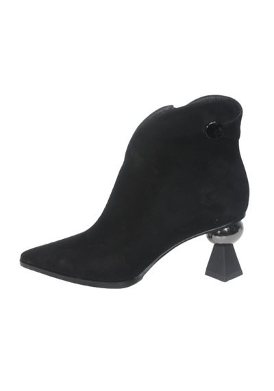 Black Suede Boot with Detailed Heel and Side Zip