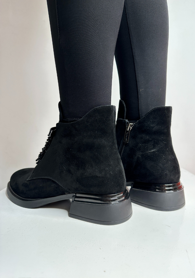 Black Suede Low Heeled Boot with Front Bead Detailing and Side Zip
