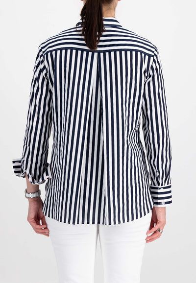 Navy & White Striped Shirt with Graphic Print Cuff