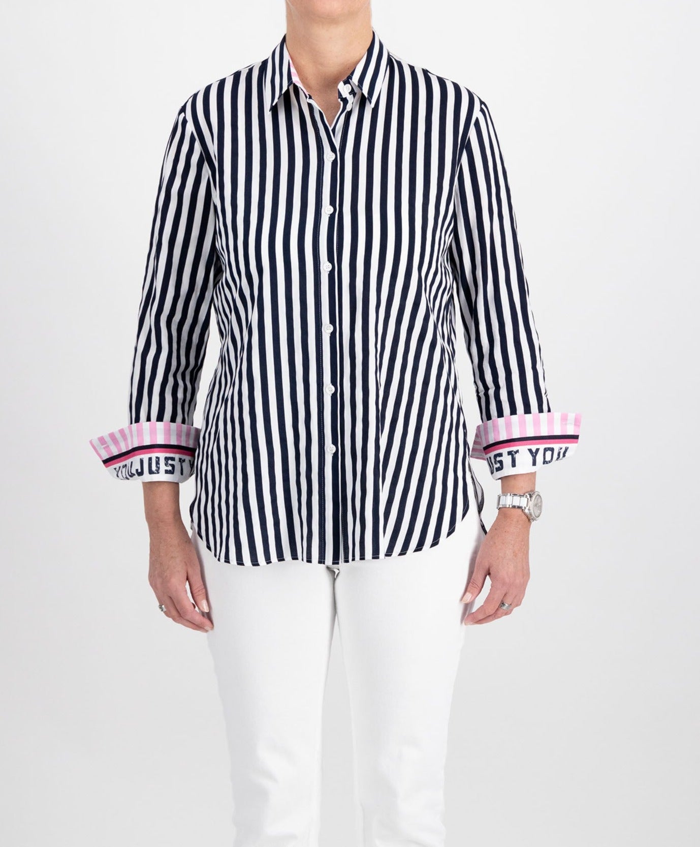 Navy & White Striped Shirt with Graphic Print Cuff