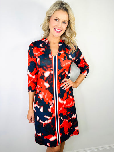 Reversable Navy and Red Dress with Grandfather Collar and Stripe Detail