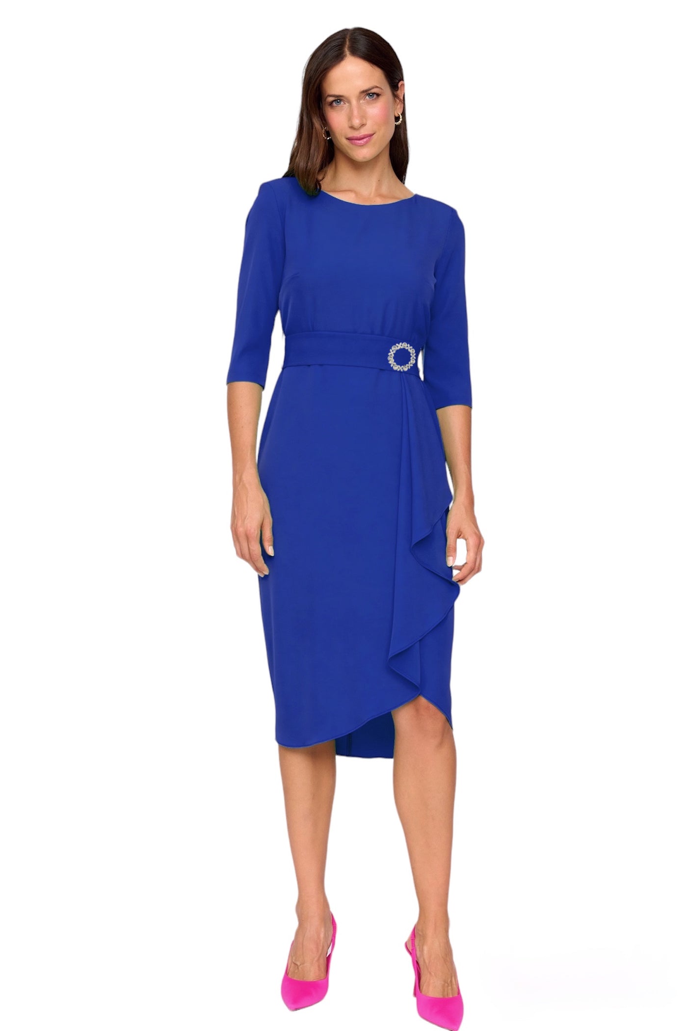 Royal Blue Dress with 3/4 Sleeve and Diamonte Broach