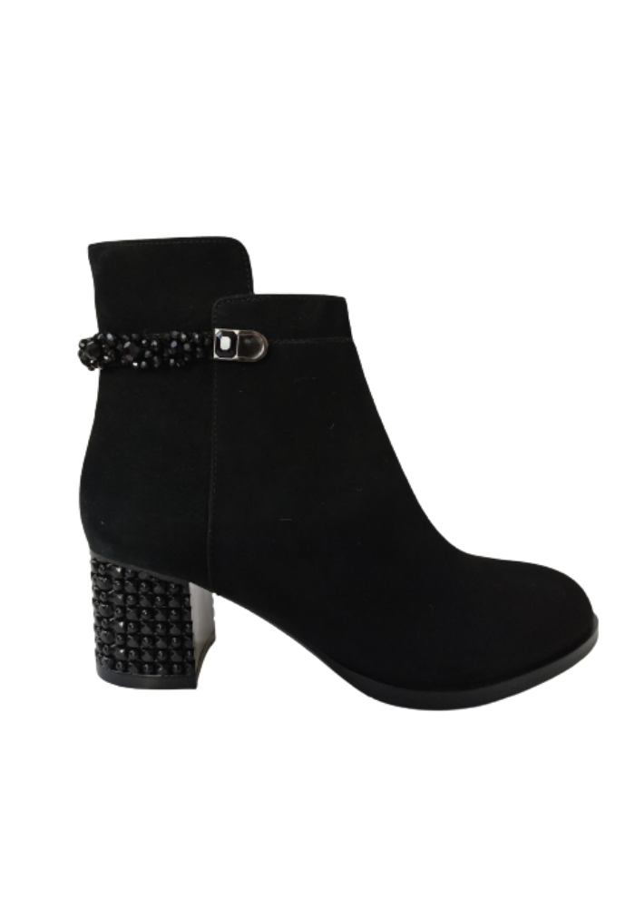 Black Suede Boot with Detailed Block Heel and Side Zip