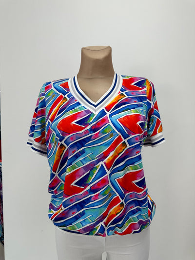 Mosaic Effect T-Shirt with V-Neck and Elasticated Sleeve