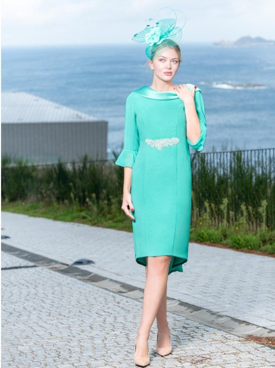 Turquoise Cowl Neck Dress with Front Embellishment