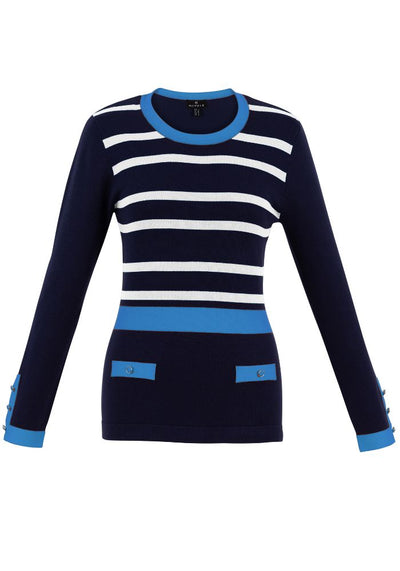 Navy Striped Sweater With Baby Blue Trim