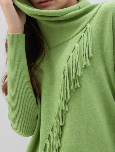 Green Cowl Neck Jumper With Fringe Design