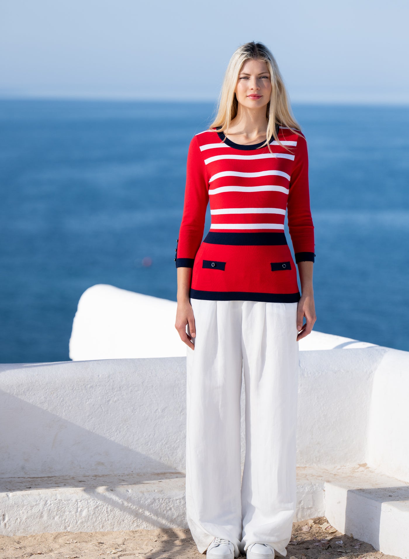 Navy/Red/White Stripe Jumper With Buttons