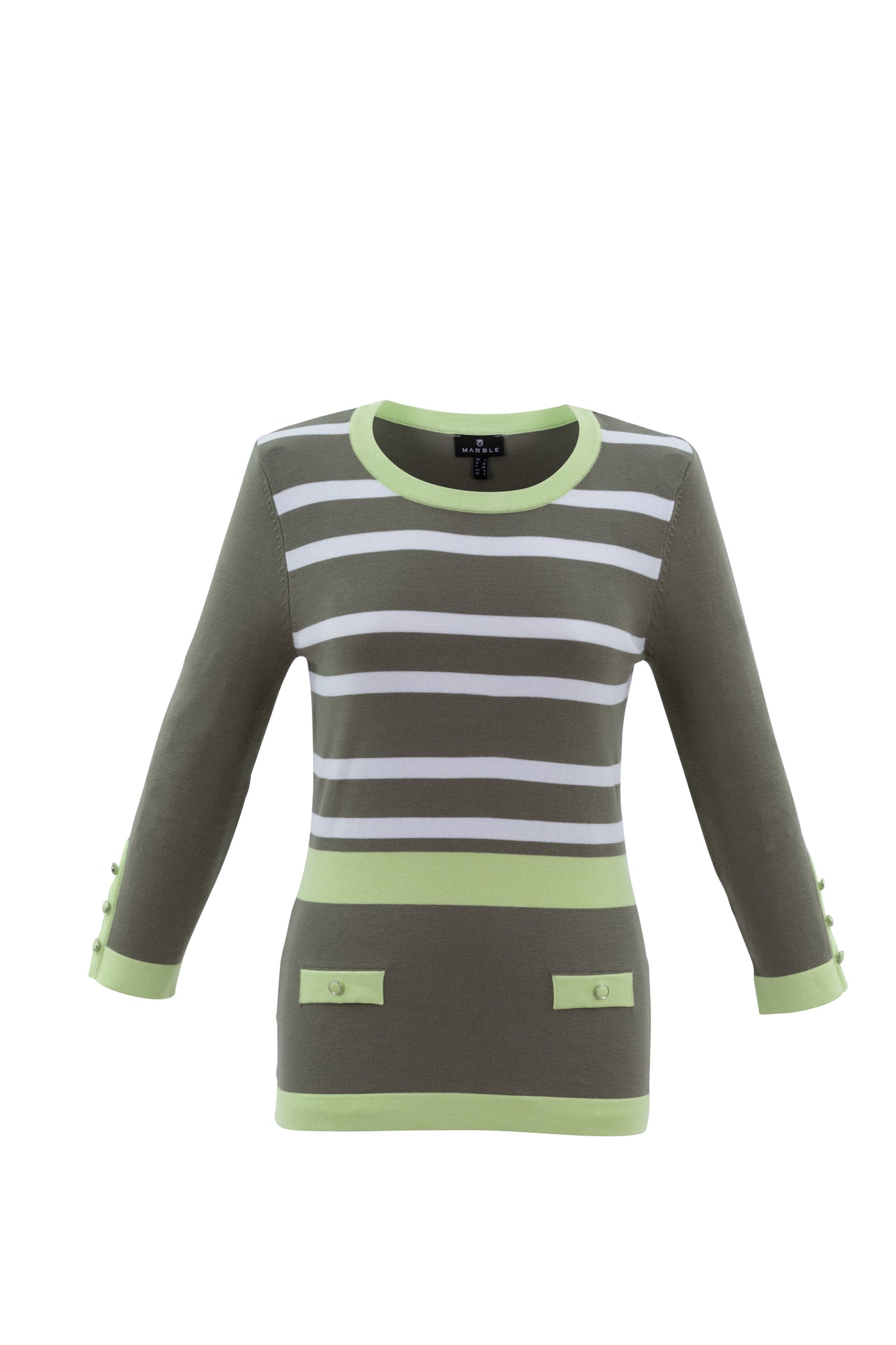Khaki/Lime/White Stripe Jumper With Buttons