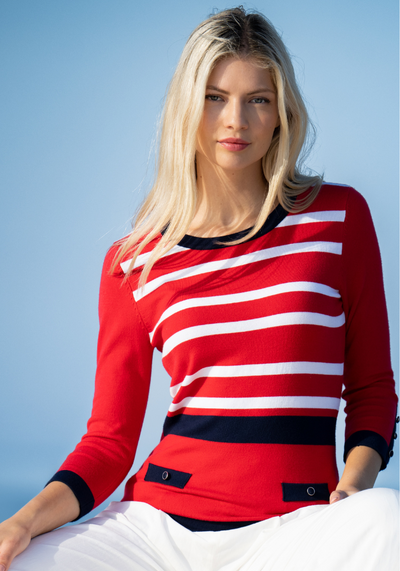 Navy/Red/White Stripe Jumper With Buttons