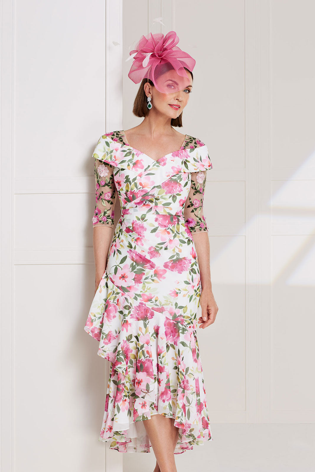 Pink & White Floral Print Dress with Embroidered Detail& Frill Bottom