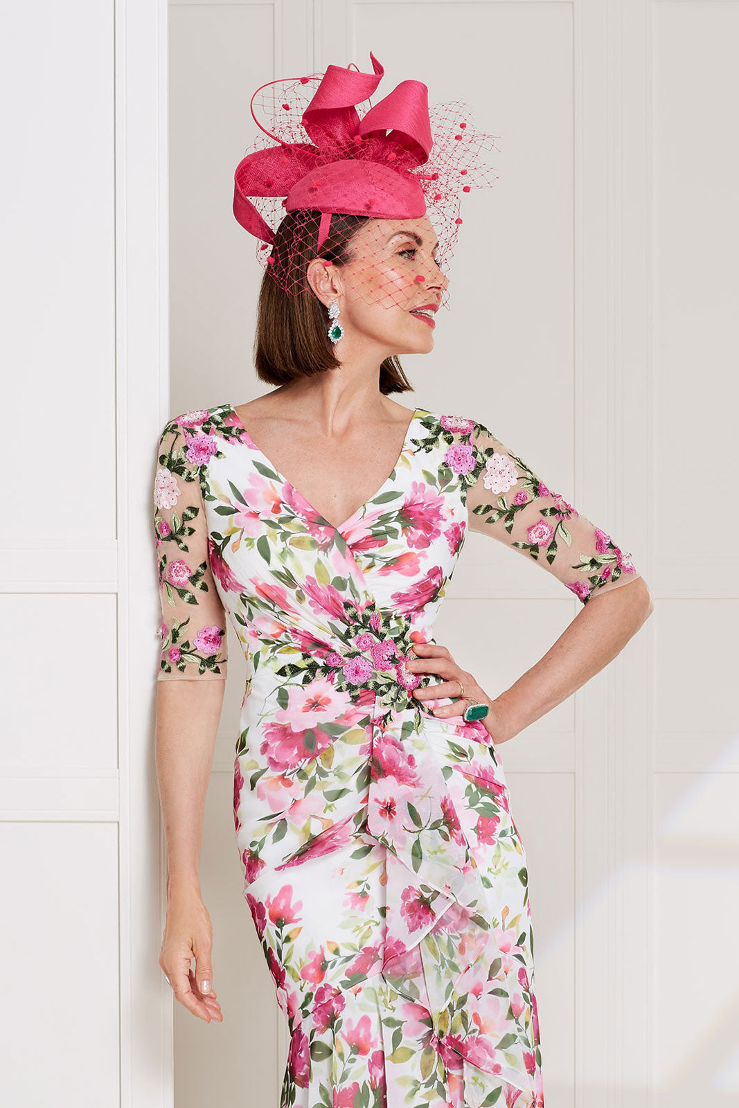 Pink & White Floral Print Dress with Embroidered Detail and